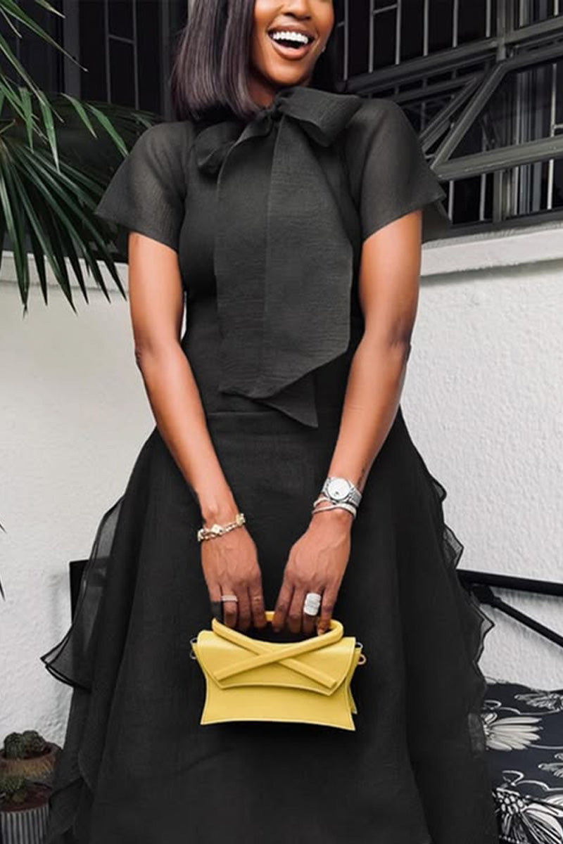 Women's Elegant Tiered Chiffon Dress with Neck Bow & Ruffled Layers