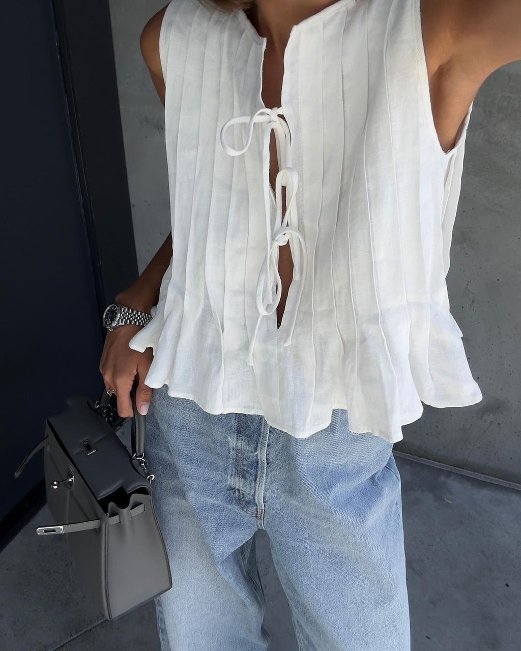 Cotton and Linen Sleeveless Tie-Strap Shirt Long Dress Set