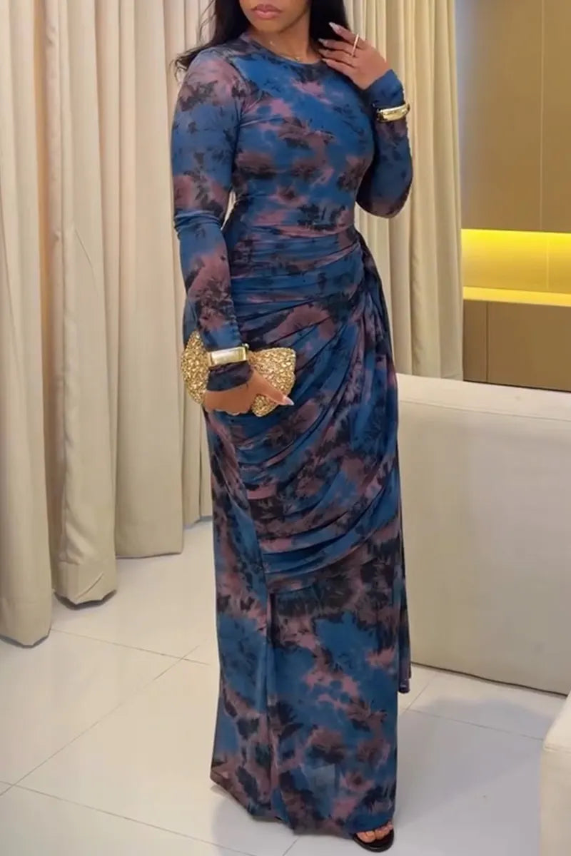 Women Round Neck Printed Waist Cinching Elegant Temperament Dress