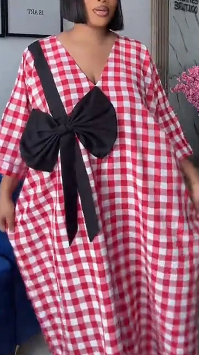 Women V-neck Plaid Bow Decoration Casual Dress