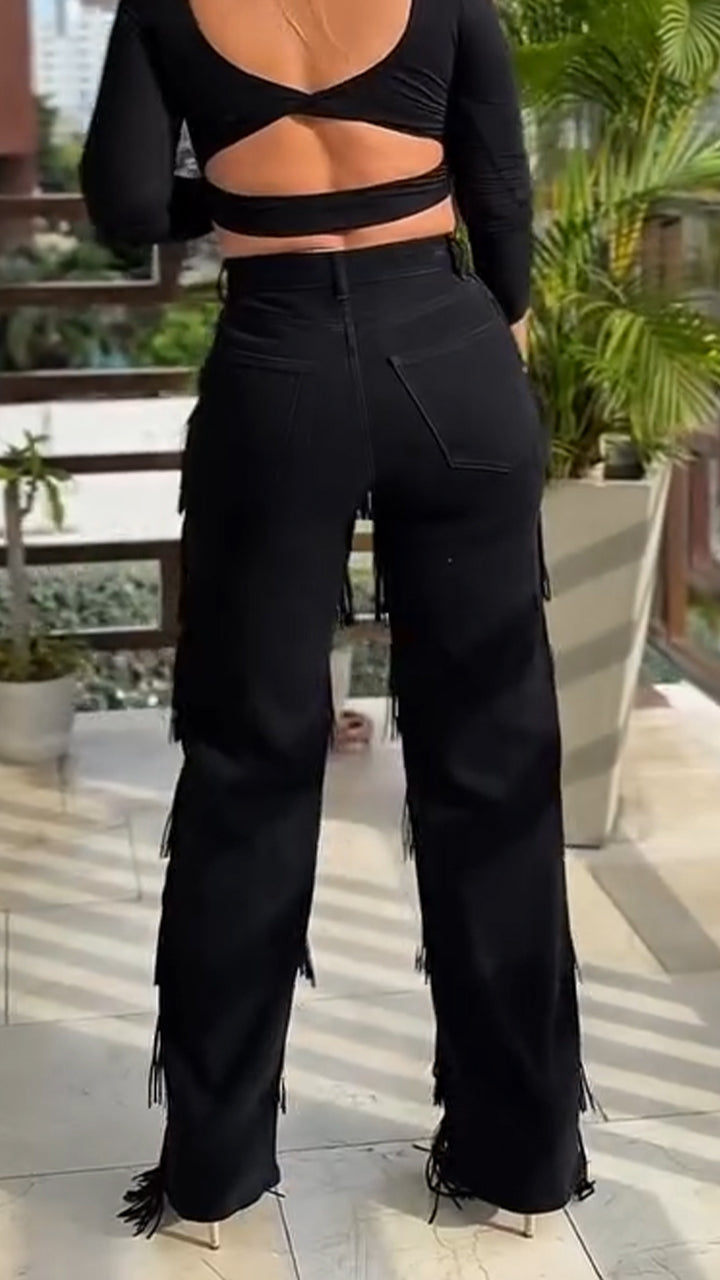 Women Patchwork Tassel Casual Pants