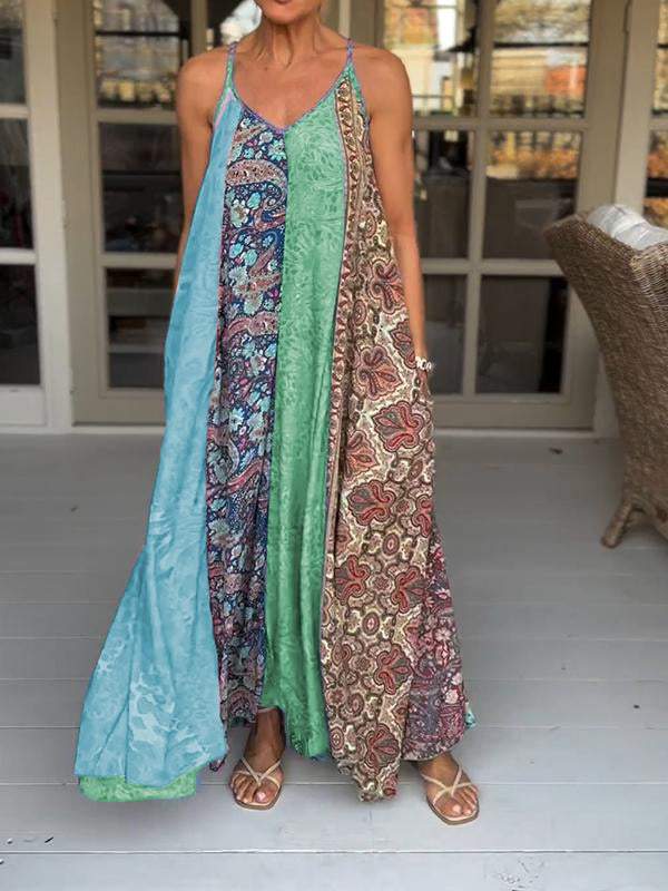 Women Casual V-neck Color Block Printed Suspender Dress