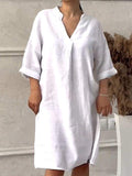Women Comfortable spring and summer cotton and linen v-neck solid color dress