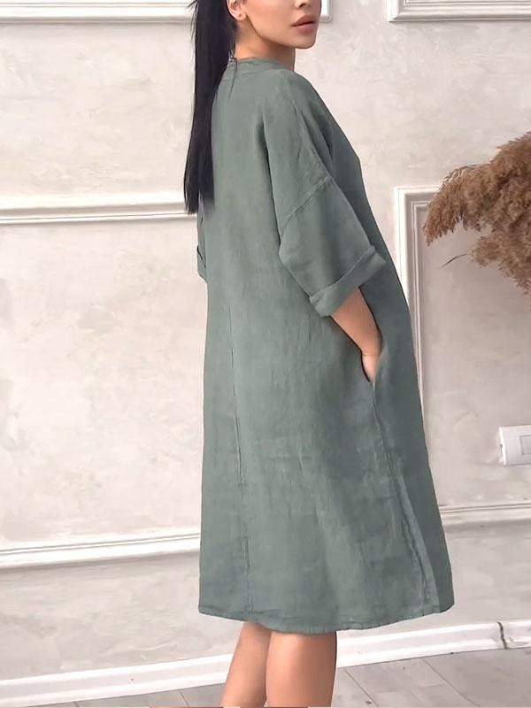 Women Comfortable spring and summer cotton and linen v-neck solid color dress