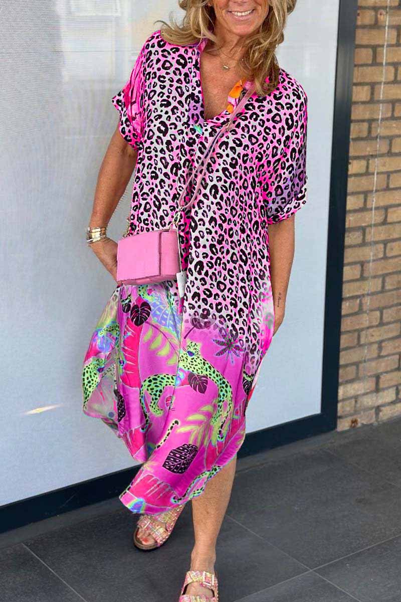 Women's Summer Plus Size Dress Casual Leopard Print Short Sleeve Dress
