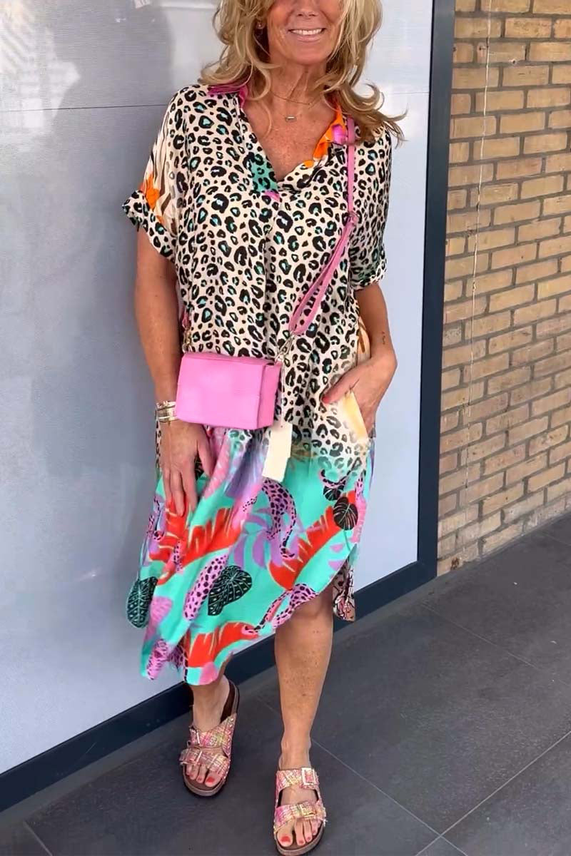Women's Summer Plus Size Dress Casual Leopard Print Short Sleeve Dress
